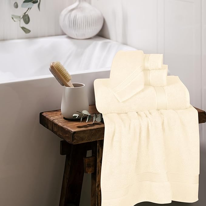 Elvana Home Ultra Soft 6 Pack Cotton Towel Set, Contains 2 Bath Towels 28x55 inch, 2 Hand Towels 16x24 inch & 2 Wash Coths 12x12 inch, Ideal for Everyday use, Compact & Lightweight - Ivory