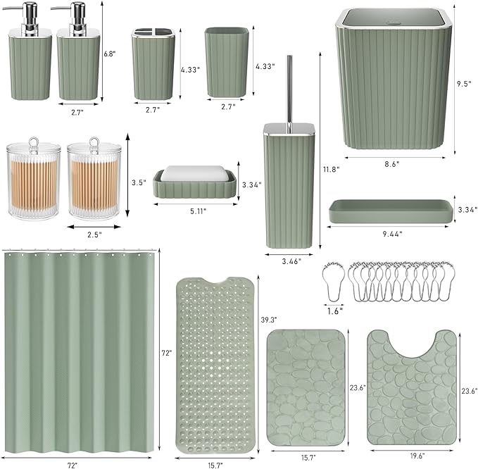 XLHOMO 26PC Bathroom Accessories Set - Gorgeous Bathroom Set, Sage Green Bathroom Accessory Set, Shower Curtain Set with Bathtub Mats for Shower Tub, Trash Can & Soap Dispenser