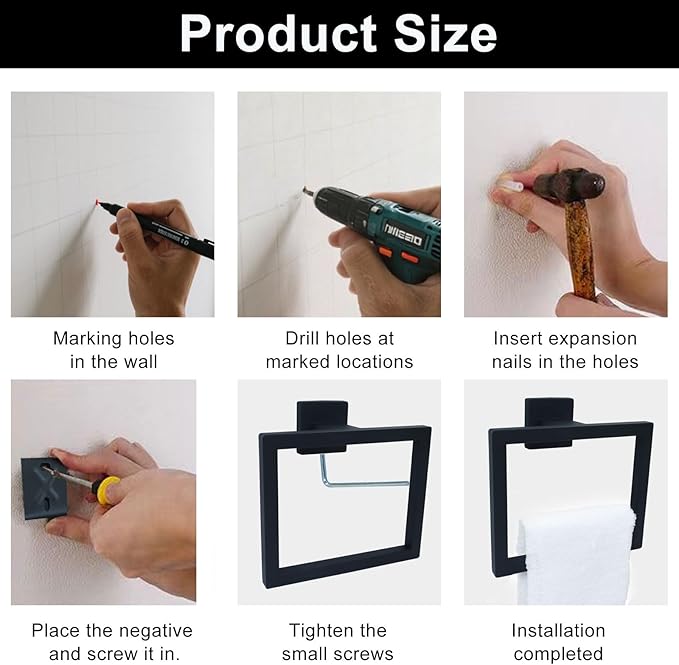 Matte Black Towel Ring - Premium Stainless Steel Bathroom Accessory, Sleek Square Design Hand Towel Holder, Durable Wall-Mounted Towel Hanger for Contemporary Bathroom, 2 Pcs