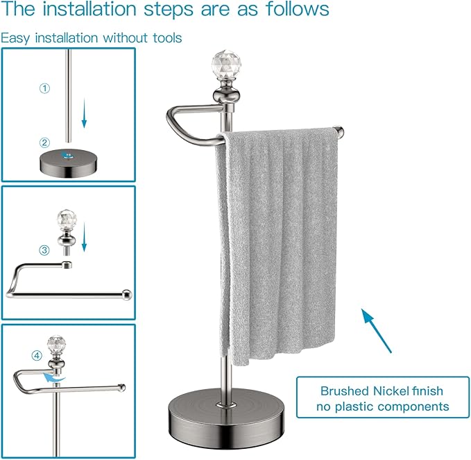 ROLABAM Heavy Weighted Hand Towel Holder with Crystal Ball - Stand, 15.7'' Tall, Brushed Nickel