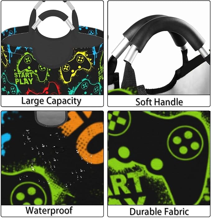 Colorful Game Joystick Silhouettes Large Laundry Hamper Gaming Theme Storage Basket Toys Clothes Organizer Bin For Home Bathroom Bedroom Dorm Nursery, 60l