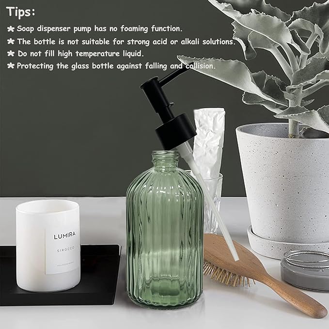 Green Bathroom Accessories Set, 4Pcs Glass Soap Dispenser Set Includes Soap Dispenser, Toothbrush Holder, Mouthwash Cup, Soap Dish for Home Decor, Countertop Vanity Organize