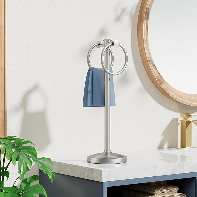 Hoimpro 17" Brushed Nickel Standing Towel Rack Bracket, Double Towel Ring Hand Towel Free Stand Holder Bathroom Hardware Accessories Set, Towel Bar for Bathroom Vanities and Kitchen Countertops