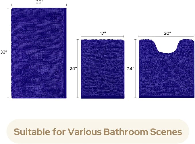 HOMEIDEAS 3 Pieces Bathroom Rugs, Ultra Soft Non Slip Absorbent Chenille Toilet Bath Mat Set (Royal Blue)