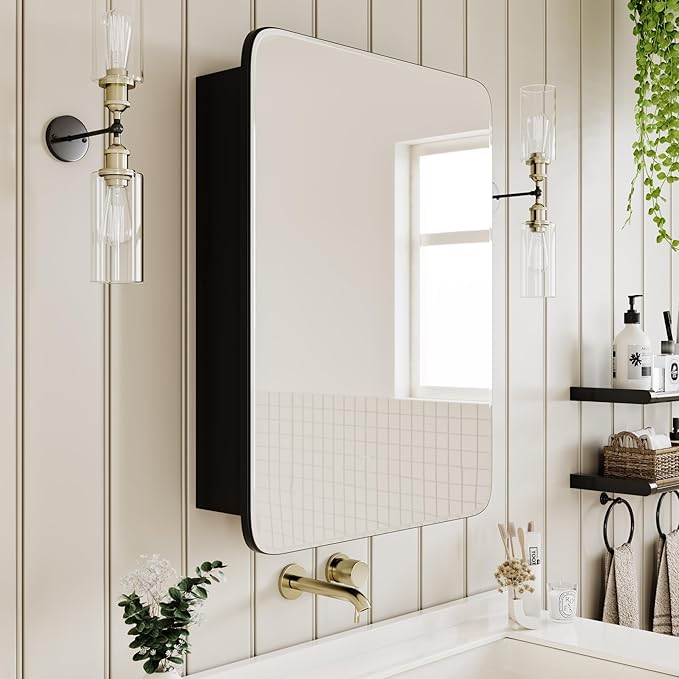 AGDULL Vintage-Style Bathroom Wood Black Cabinet with 17.5''x29'' Curved Mirror, Recessed Medicine Cabinet, Bathroom Storage Cabinet