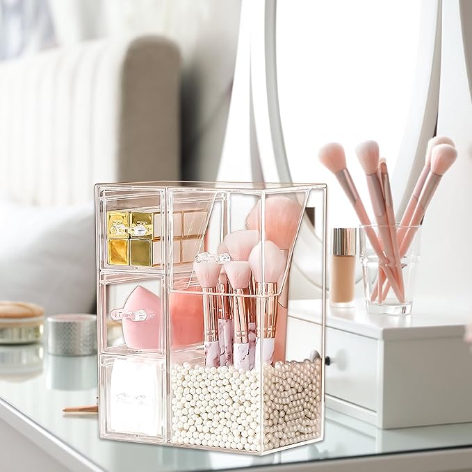 Acrylic Makeup Brush Holder with Lid - Cosmetics Storage Display Case - Clear Cosmetic Makeup Brush Organizer and Storage Box with Cover for Vanity (Style 1)