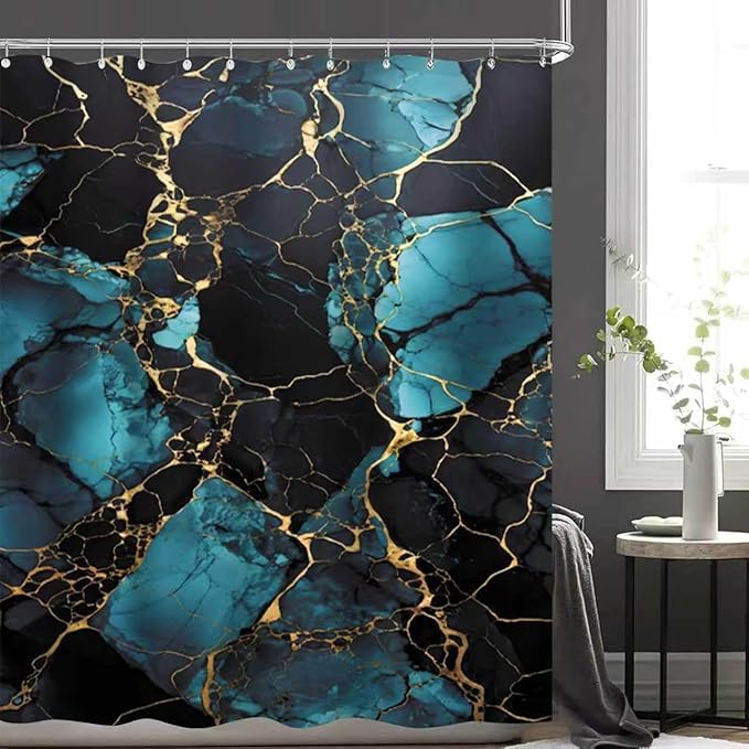NBVKO 4 Pcs Navy Marble Shower Curtain Sets with Rugs Gold Bathroom Sets with Shower Curtain and Rugs Modern Abstract Bathroom Decor Accessories Shower Curtains for Bathroom Toilet Lid Cover