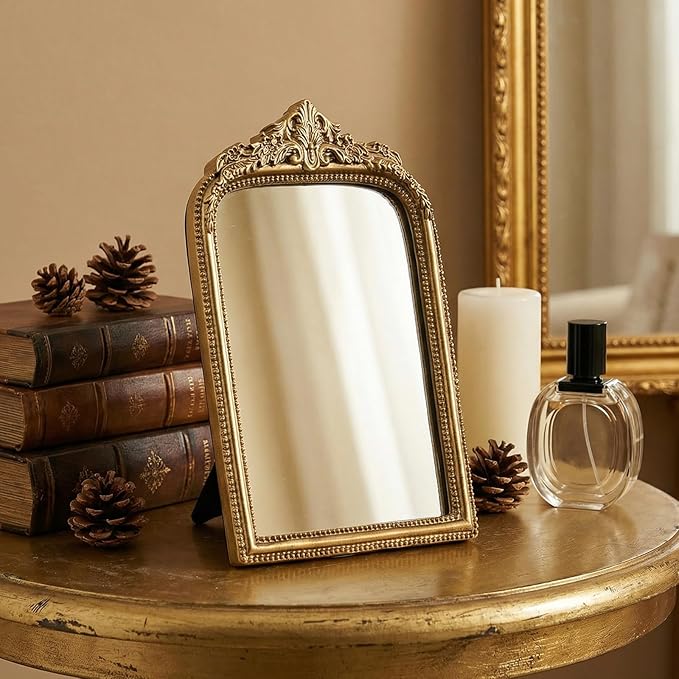 10" x 7" Small Gold Mirror for Desk, Vintage Ornate Antique Vanity Mirror, Baroque Desktop Standing Mirror, Aesthetic Room Decor