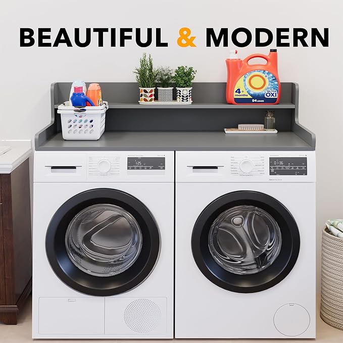 SpaceAid Washer Dryer Countertop with 2-Tier Shelf, Wood Topper with Edge, 54" Width x 27.5" Depth Cover Organizer Guard for Washer and Dryer Counter Laundry Hamper Storage (Gray)