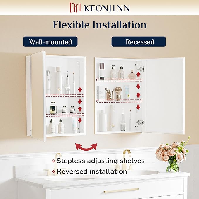 Keonjinn 16 x 24 Inch White Medicine Cabinet Mirror, Assembly Required, Modern Medicine Cabinets for Bathroom, Lightweight, Adjustable Shelves, HD Tempered Glass, Recessed or Surface Mount