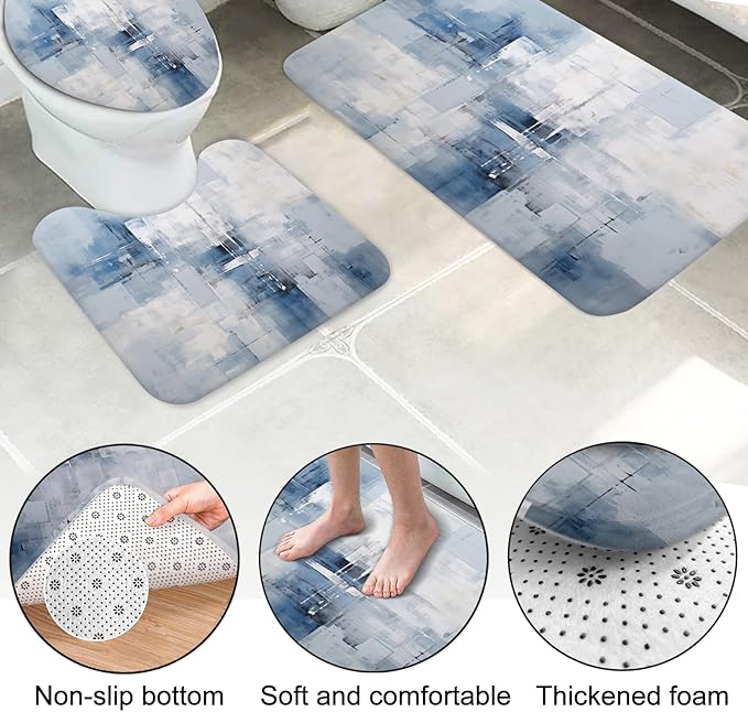 Lnond 4Pcs Bathroom Shower Curtain Sets with Rugs,Blue Grey Watercolor Painting Art Bathroom Sets with Shower Curtain and Rugs and Accessories