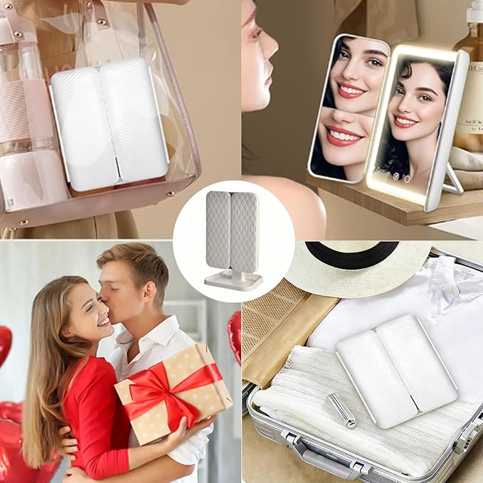 LED Foldable Makeup Mirror with 1x/2x/3x Magnification, 3 Color Lighting Modes, Touch Control Dimmable Vanity Mirror, Rechargeable Cosmetic Mirror for Travel & Home (Small)