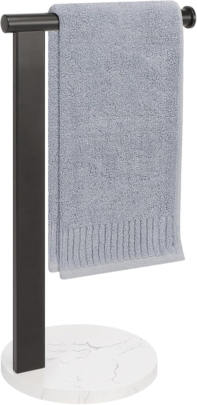 Hand Towel Holder Stand for Bathroom, L- Shaped Standing Hand Towel Rack, Towel Bar Kitchen Vanity Countertop Organizer, SUS304 Stainless Steel Material, Marble Base (Matte Black)