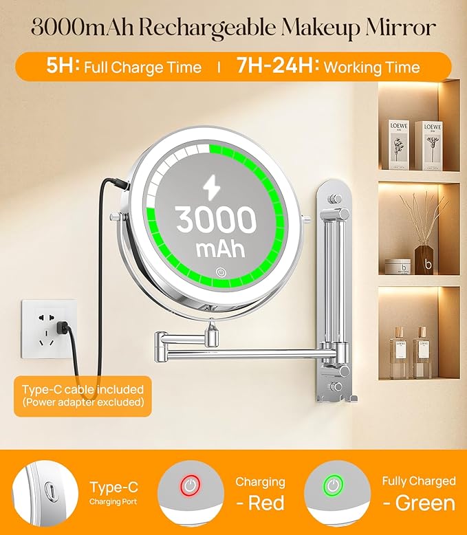 Gospire 9” Wall Mounted Makeup Mirror with Magnification 10X, 7in Height Adjustable Vanity Lighted Mirrors for Bathroom Wall, 360° Extended Arm Shaving Wall Mirror with Lights - Chrome