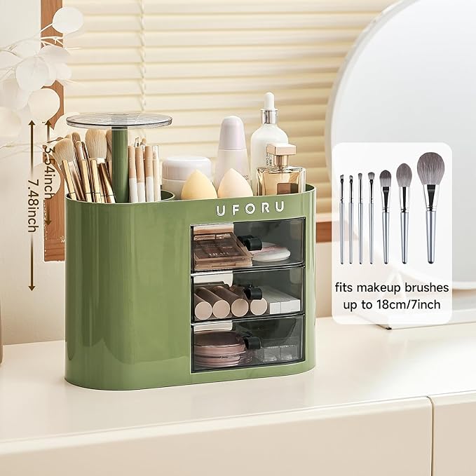 Makeup Organizer with Pop-Up Brush Holder for Dresser Vanity, Plastic Bathroom Counter Organizer with 3 Drawers & Dust-Proof Cover, Cosmetic Display Case for Lipstick, Skincare, Vintage Green