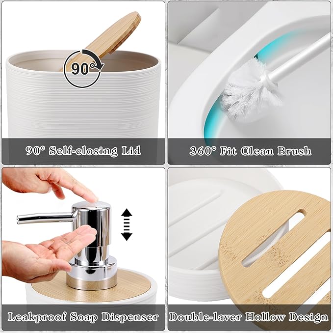 XLHOMO White Bathroom Set, White Bathroom Accessories Set with Trash Can, 2PCS Soap Dispensers, Soap Dish, Toothbrush Holder, Toothbrush Cup,Toilet Brush, Tray and Qtip Holders for Bathroom Decor