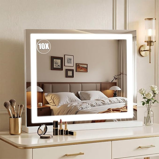 Vanity Mirror with Lights 23"x19", LED Makeup Mirror, 3 Color Lighting Modes, 10X Magnification, Smart Touch Control, Dimmable, Aluminum Metal Frame, Lighted Up for Vanity Desk (White)