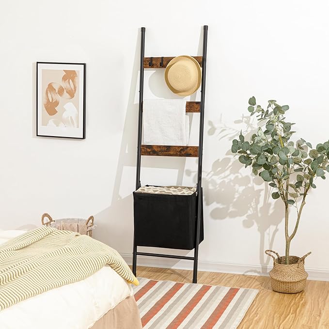 HOOBRO Blanket Ladder with Basket, 17.3”L x 63.4”H, Towel Rack with Hooks, Blanket Holder Rack, Decorative Ladder Shelf, Drying and Display Rack for Bathroom, Living Room, Rustic Brown BF31CJ01