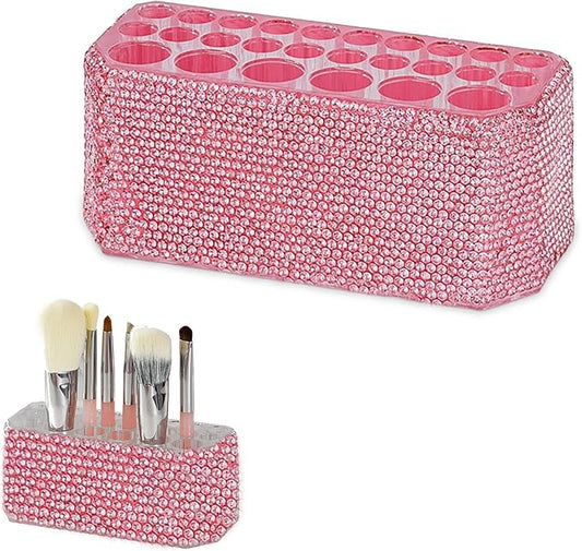 Clear Acrylic Makeup Eyeliner Lip Liner Holder Organizer,Bling Crystal Makeup Brush Holder,26 Spaces (Pink)