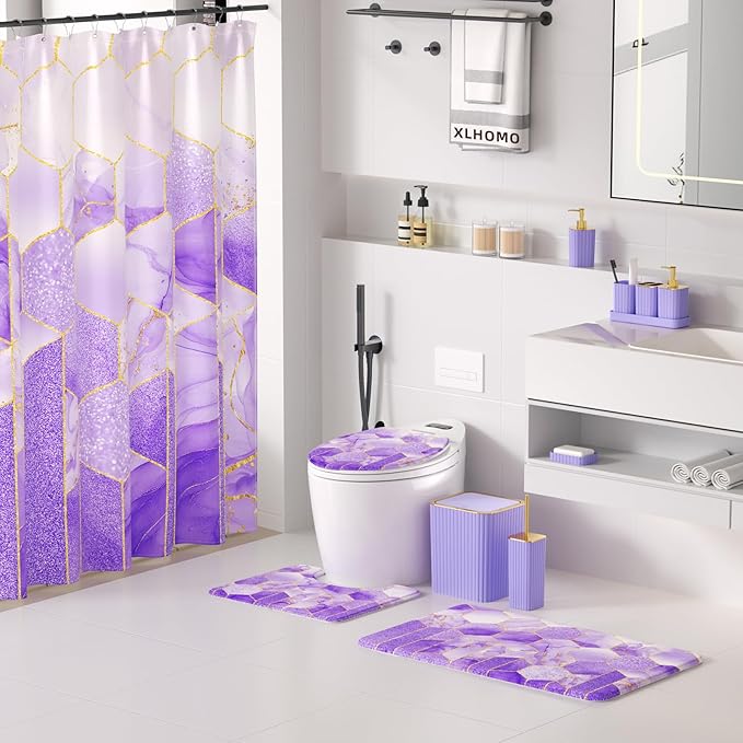 XLHOMO Bathroom Set - 26PC Bathroom Set with Shower Curtain and Rugs, Bathroom Accessory Set, Purple Bathroom Accessories Set, Trash Can & Soap Dispenser