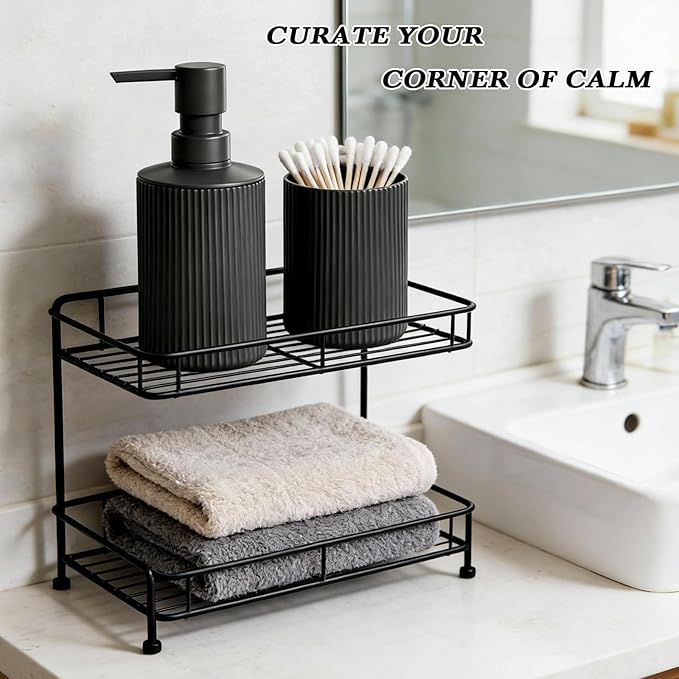Bathroom Set Accessories, Black Plastic Soap Dispenser and Toothbrush Holder, 2-Piece Bathroom Counter Set for Modern Decor.