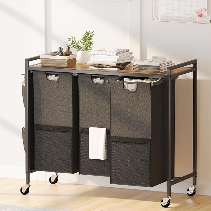 Huhote Laundry Hamper, Laundry Basket, Laundry Sorter with Top Shelf & 3 Removable Washable Bags & Side Pockets for Laundry Room organization, Bathroom and Dorm, Rustic Brown and Black