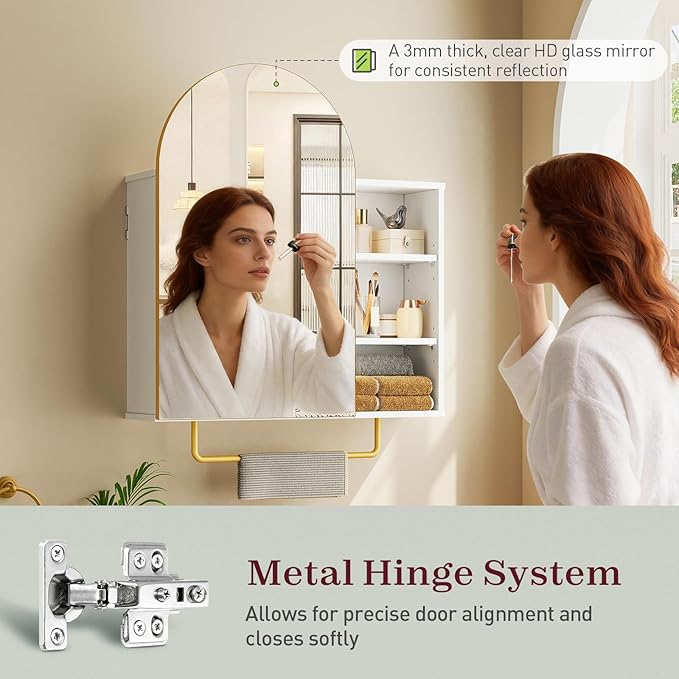 RALGEND Bathroom Arched Medicine Cabinet with Mirror, Modern Bathroom Wall Mounted Mirrored Cabinet with Adjustable Shelves and Storage, White and Gold