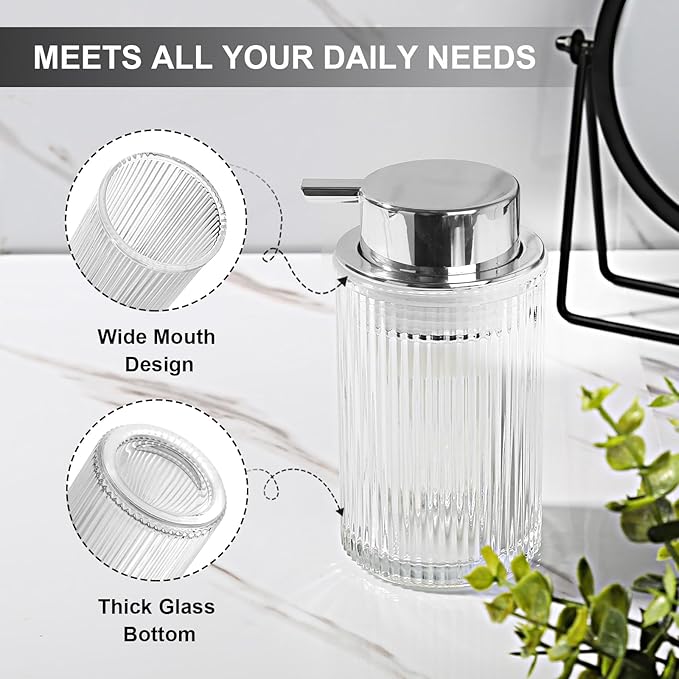 KASUNTING Foaming Soap Dispenser, 11 Fl Oz Clear Glass Foam Hand Soap Dispenser for Bathroom & Kitchen, Refillable Foaming Bottle with Sliver Pump, Modern Ribbed Dish Soap Foam Dispenser