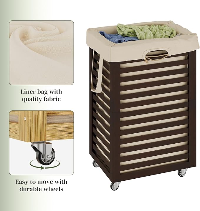 Laundry Hamper with Wheels, Laundry Basket with Liner, 85L Large bamboo Laundry Clothes Laundry Hamper, Liner with Handles, Dirty Clothes Storage Cart For Laundry Room, Dorm, Bedroom, Bathroom(Coffee)