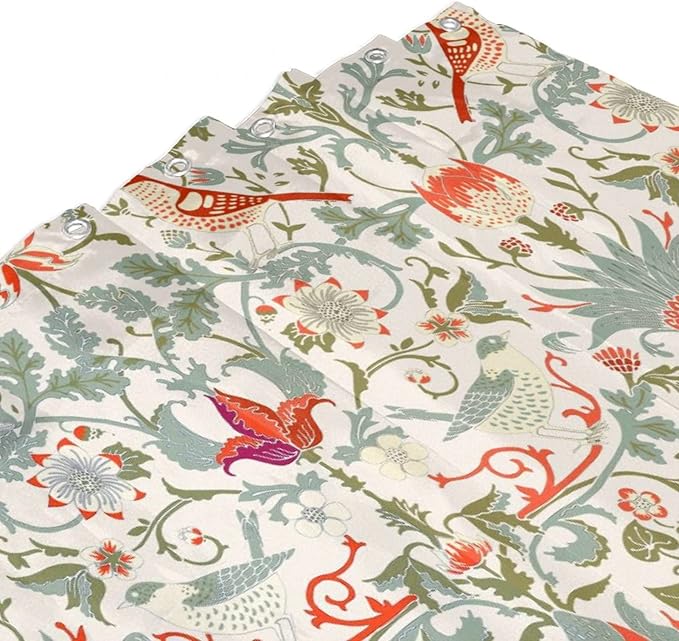 Bohemia William Morris Art Fabric Shower Curtain,Abstract Retro Mid Century Boho Floral Bird Hotel Quality,Machine Washable,72L x66W for Bathroom.