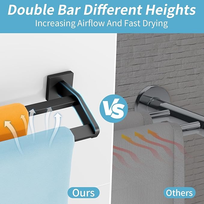 Double Towel Bar, Towel Racks for Bathroom, 24 Inch Heavy Duty Stainless Steel Bathroom Towel Holder Rod Wall Mounted, Bath Towel Rack, Matte Black