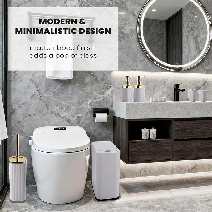 XLHOMO 9-Piece Light Gray Bathroom Accessories Set - Modern Vertical Stripe Decor with Slim Wastebasket, Soap Dispenser & Toothbrush Set - Neutral Bath Organization Kit