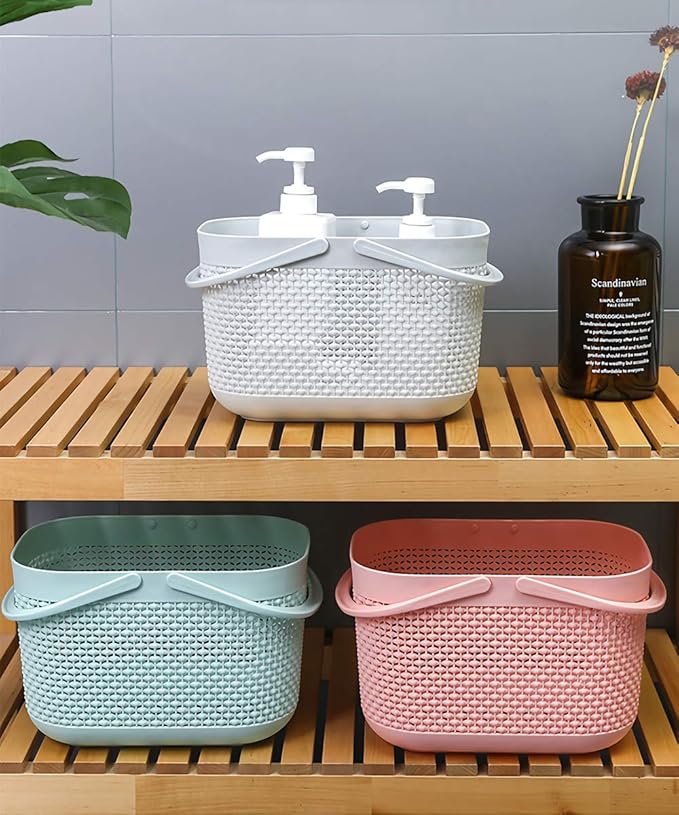 UUJOLY Plastic Organizer Storage Baskets with Handles, Shower Caddy Bins Organizer for Bathroom and Kitchen (3 Pack, Blue)