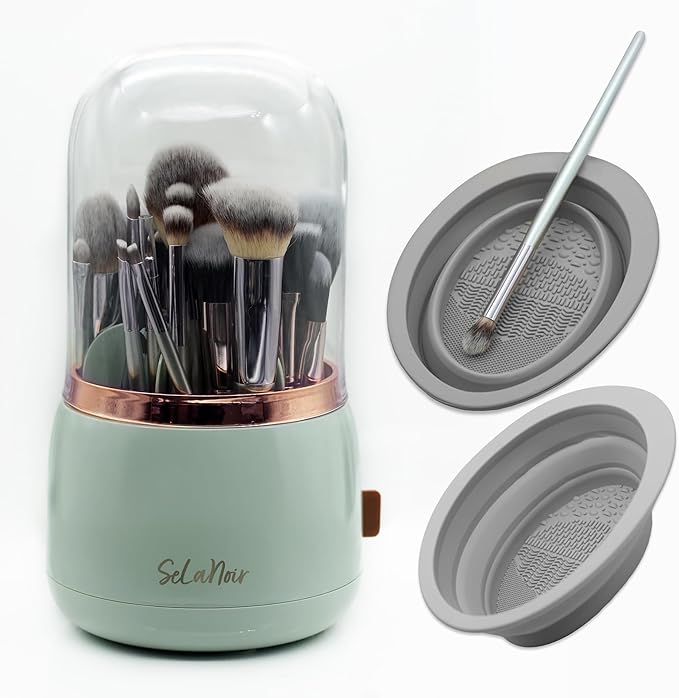 Rotating Makeup Brush Holder with Lid – Dustproof Vanity Organizer for Makeup Brushes, Bonus Foldable Makeup Brush Cleaner Bowl Included, Elegant Seafoam Green Storage Solution