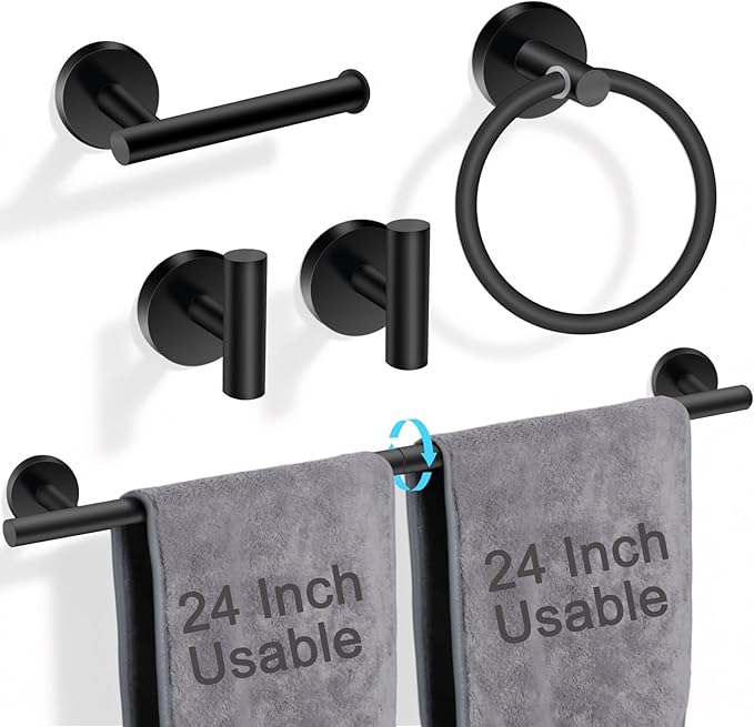 24 Inch Usable Towel Bar, 5-Piece Matte Black Bathroom Accessories, SUS304 Stainless Steel Towel Ring Holder, Toilet Paper Holder with 2 Hooks, Wall Mounted Modern Bathroom Hardware Set