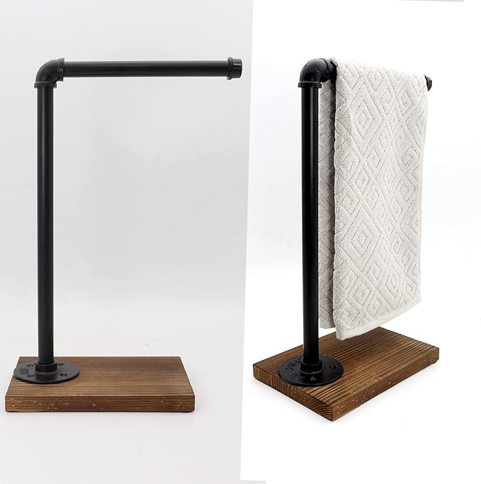 15'' Hand Towel Holder, L Shaped Towel Holder Stand with Weighted Base, Black Hand Towel Stand for Bathroom Kitchen Countertop