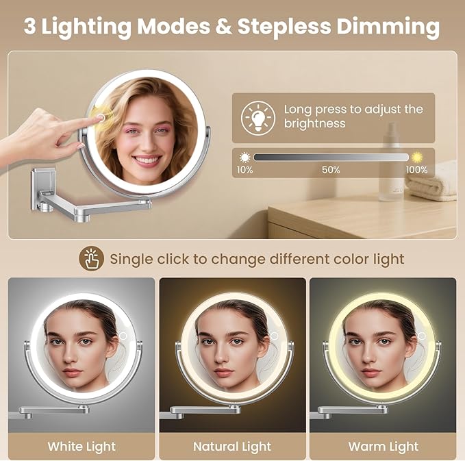 FRANO Wall Mounted Makeup Mirror with Lights, 8-inch 20X/1X Magnifying Mirror, Rechargeable LED Vanity Mirror with 3 Color Lights, 360° Swivel & Extendable Arm