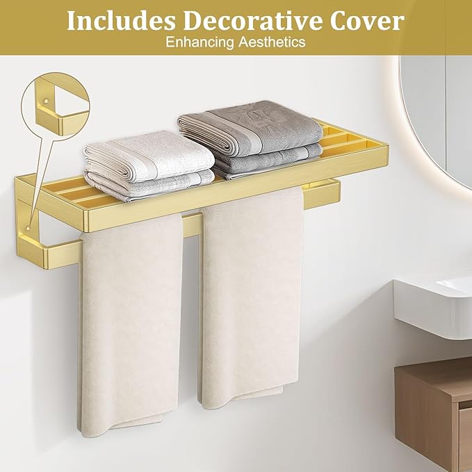 TNOMS Towel Racks Double Towel Bar,Brushed Gold Towel Holder 23.6-inch Stainless Steel Bathroom Hardware Accessories Set