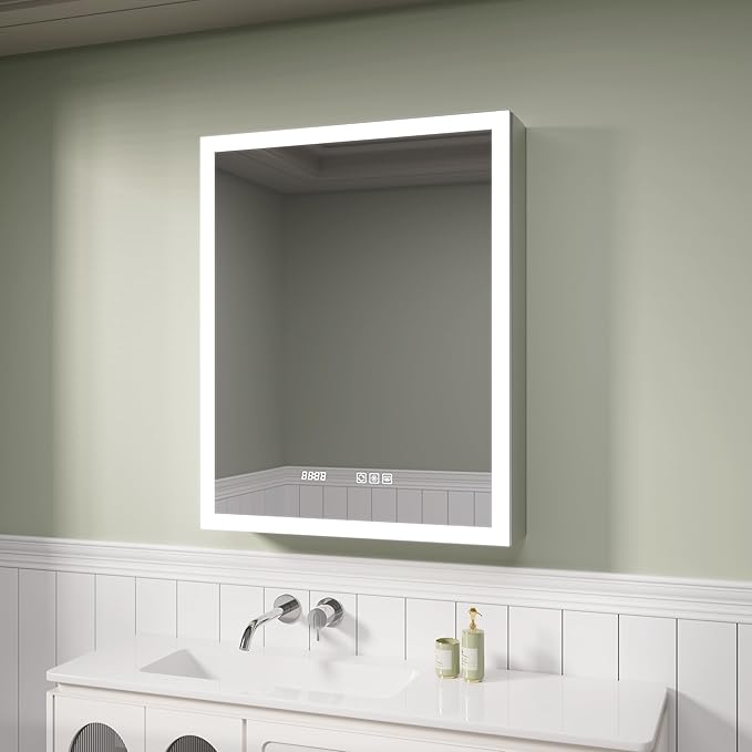 LED Medicine Cabinet Mirror with Lights, 24x30 Inch Bathroom Storage, Recessed/Wall Mount, Plug-in/Hardwired, 3 Color Dimmable Light, Anti-Fog, Time Temp Display, Right Hinge