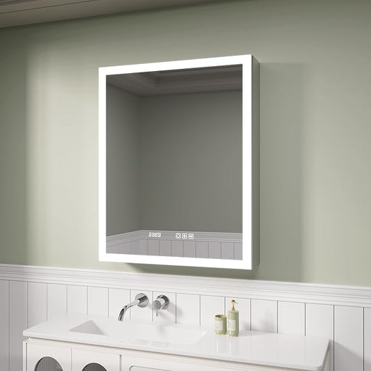 LED Medicine Cabinet Mirror with Lights, 24x30 Inch Bathroom Storage, Recessed/Wall Mount, Plug-in/Hardwired, 3 Color Dimmable Light, Anti-Fog, Time Temp Display, Right Hinge