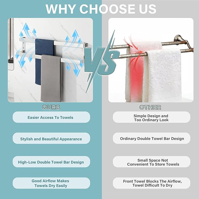 Alise Double Towel Bar, 24" Towel Racks for Bathroom Wall Mounted SUS304 Stainless Steel, Heavy Duty Bathroom Towel Holder, Quick Drying Towel Hanger, Polished Chrome