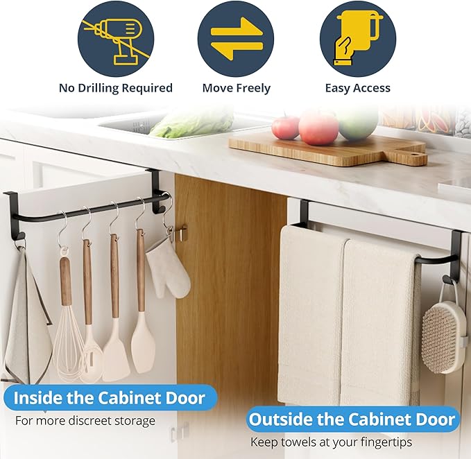 SAYAYO Over Cabinet Towel Bar Black, 15 Inch Kitchen Towel Holder with 2 Hooks, Over The Cupboard Door Dish Towel Rack, 2 Pcs (16 Inch Total Length)