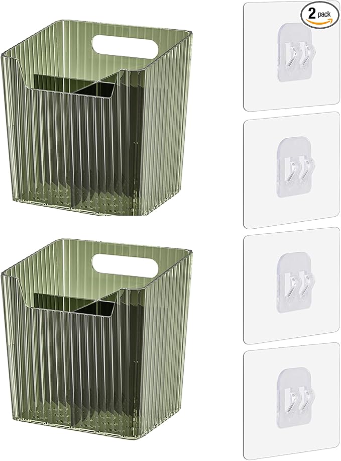Set Of 2 Storage Organizer Bins Wall Mounted Shower Caddy, Bathroom shelves Stackable Clear Plastic Toothbrush Holder Adhesive Hanging Bin for Bathroom, Kitchen, Cabinet, Shower BPA Free Small (Green)