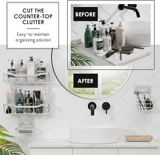 Clara Clark Bathroom Set - White Bathroom Accessories Set, 24PC Bathroom Accessory Set, Bathroom Sets with Shower Curtain Set, Adhesive Corner Shower Caddy Hanging & Soap Dispenser