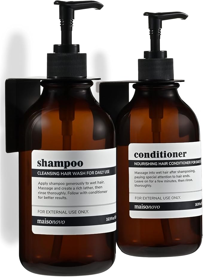 Shampoo and Conditioner Dispenser Wall Mounted Set of 2 Amber Black - No Drill Shower Soap Dispenser for Bathroom Refillable - Spa Hotel Style Accessories by MaisoNovo