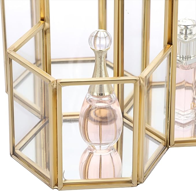 Hipiwe Glass Makeup Brush Holder 3 Slot Mirrored Gold Cosmetics Brush Organizer Eyeliners Display Case Vintage Decorative Makeup Storage Box Desktop Pen Pencil Pot, Large