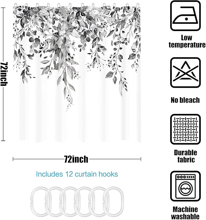 kampdream Grey and White Eucalyptus Plant Shower Curtain, Watercolor Leaves On The Top Botanical Bathroom Curtain 72 ×72 Inch