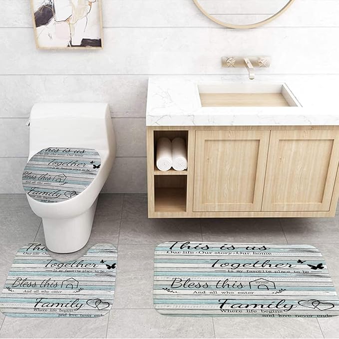 juwute 4Pcs Family Shower Curtain Sets with Non-Slip Rugs, Toilet Lid Cover and Bath Mat, Wood Grain Home Bathroom Decor Set Accessories Waterproof Shower Curtains with 12 Hooks, 72 x 72 Inch