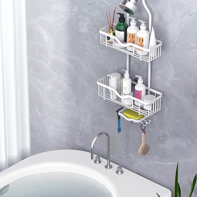 Kadolina Shower Caddy Hanging, Bathroom Shower Rack, Bathroom Organizer with Soap Dish, Over The Showerhead Caddy with Hooks for Razor/Sponge, Soft White (Assembly Required)