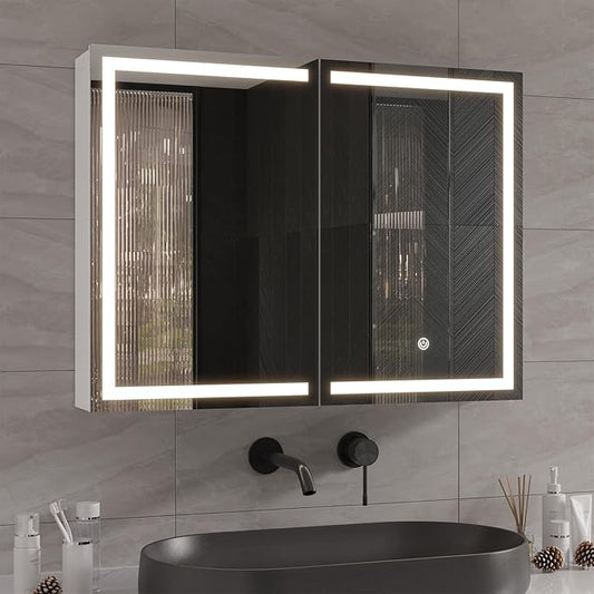 DICTAC Bathroom Medicine Cabinet with Mirror and LED Light, Wall Mounted Bathroom Mirror with Storage, 2 Doors Bathroom Wall Cabinet, Memory Dimmable 3 Color Temp, Adjustable Shelves, 31.5''x23.6''